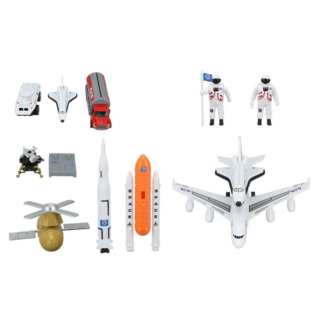 juguete de cohete espacial, kit de juguete de explorador espacial a escala realista con abs y material de aleación: conjunto multicolor con transbordador espacial blanco, cohete central con etapa naranja y dos boosters blancos, avión de fuselaje ancho blanco, módulo lunar dorado tipo helicóptero, plataforma gris, camión rojo con remolque y dos figuras de astronauta blancas con bandera. Diseño detallado en ABS y aleación; a menudo se usa para juego educativo o exhibición.