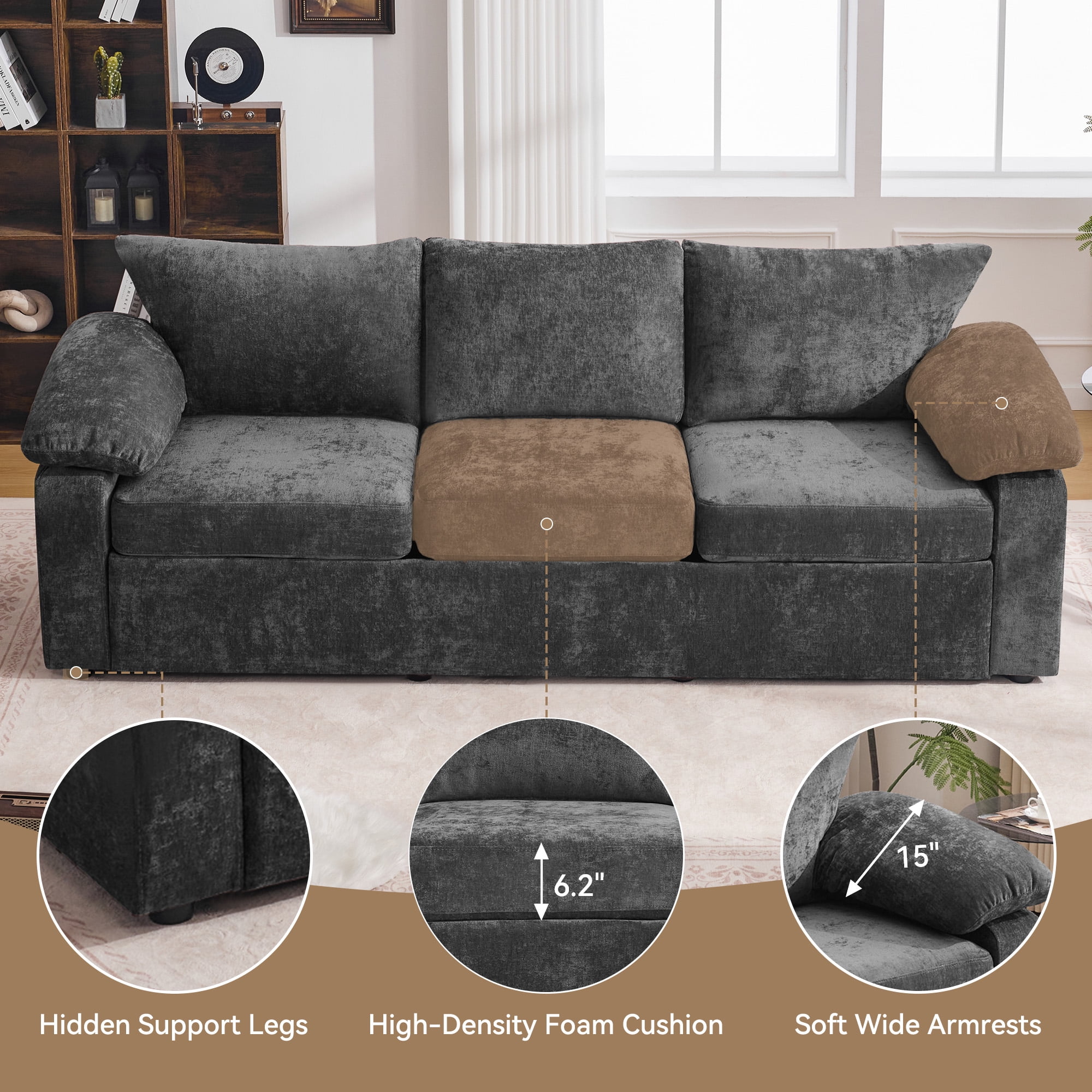 HASLE Oversized 3 Seat Living Room Sofa, 95" Soft Chenille Deep Seat Couch with Armrest, Hidden Support Legs, Stylish Sofa, Dark Grey