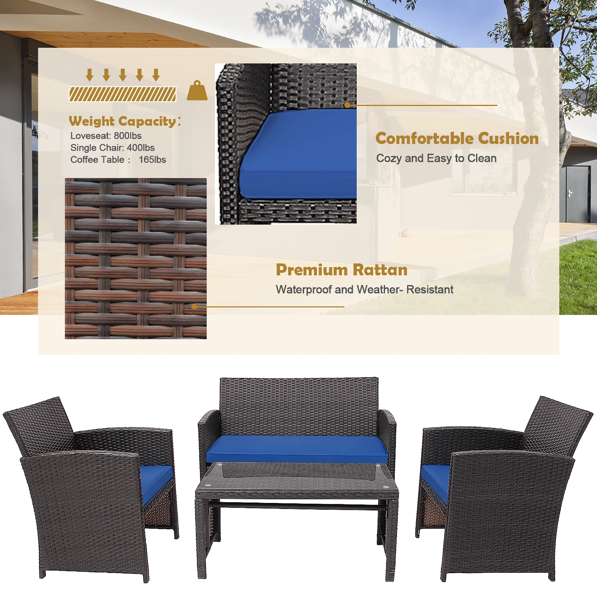 Costway 8PCS Patio Rattan Furniture Set Cushioned Chair Sofa Coffee Table Navy