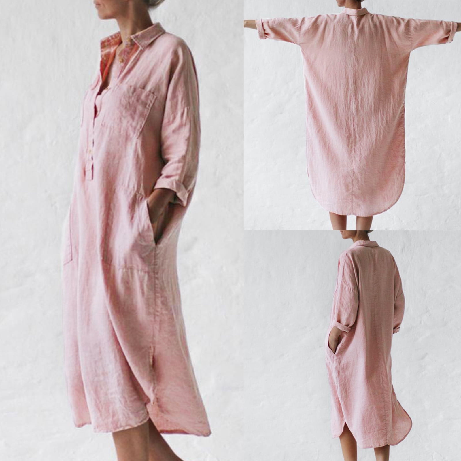 Cotton Linen Shirt Dress Women Midi Loose Half Sleeve Sundress V Neck