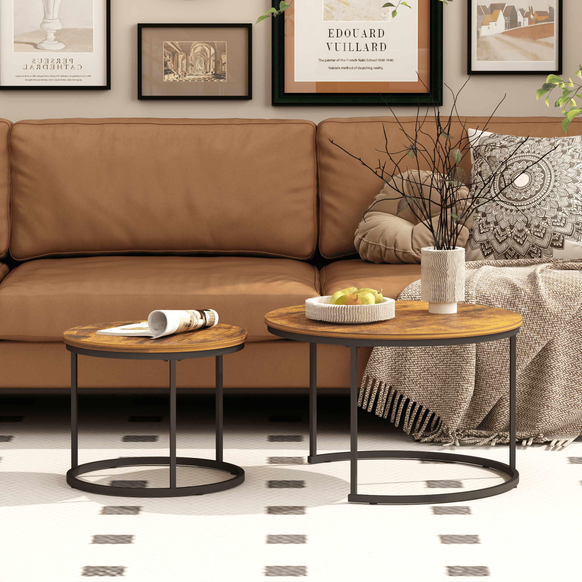 Nesting Coffee Table Set of 2, 27.6inch Round Coffee Table Industrial Wood Finish with Sturdy Metal Frame, End Table Side Tables for Living Room Bedroom Balcony Yard (Rustic Brown)