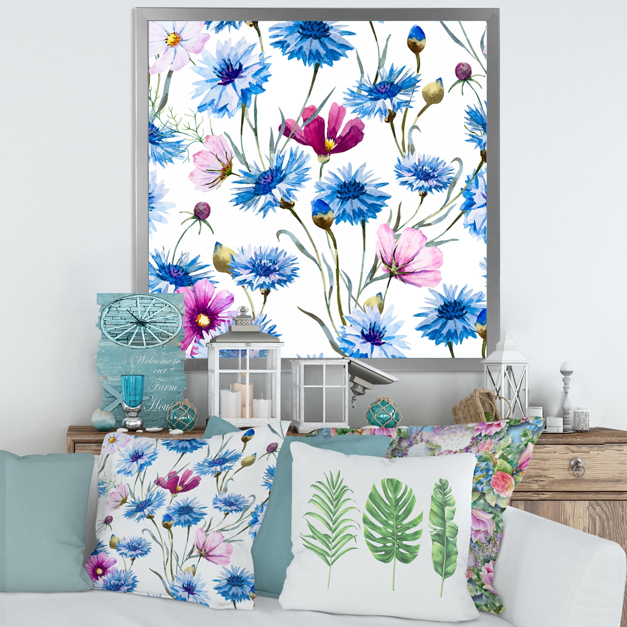 Designart 'Pink and Blue Wild Cornflowers' Traditional Framed Art Print