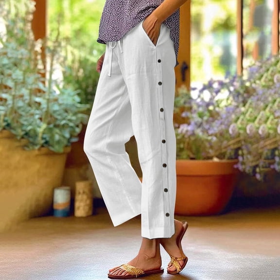 asjyhkr Plus Size Womens Pants Elastic Waist Drawstring Side Button Solid Color Casual Loose Breathable Hiking Beach Workout Pants with Pockets,S-5XL