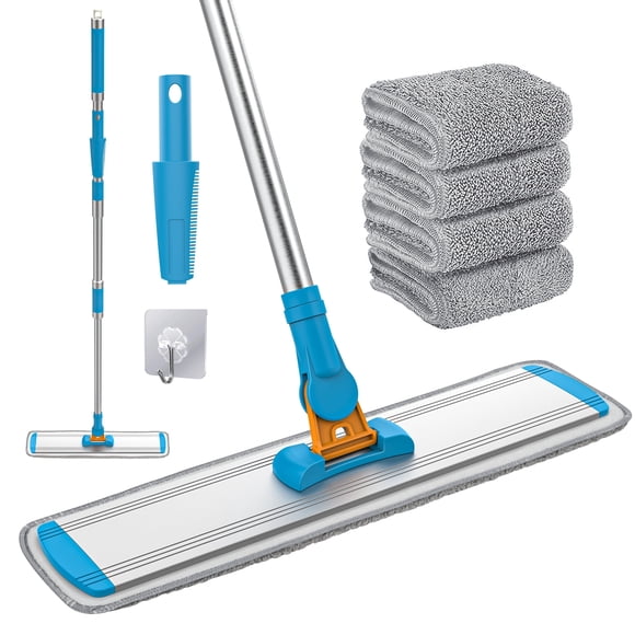CshidWorld Trapeador de Polvo para Limpieza de Pisos con 4 Almohadillas Lavables, 1 Gancho para Pared, Mango Ajustable de 56”, Trapeador de Microfibra Húmedo y Seco para Pisos de Madera, Mármol, Azul