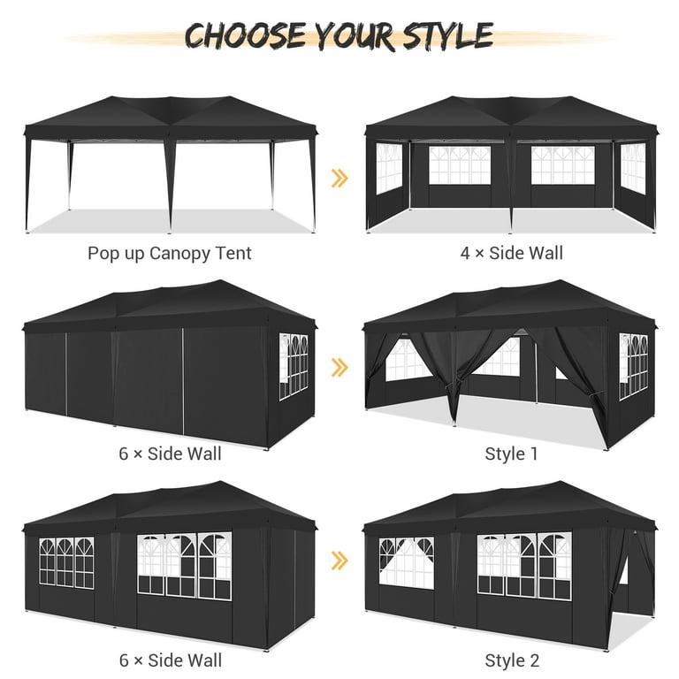 SANOPY 10' x 20' EZ Pop Up Canopy Tent Party Tent Outdoor Event Instant  Tent Gazebo with 6 Removable Sidewalls and Carry Bag, Black 