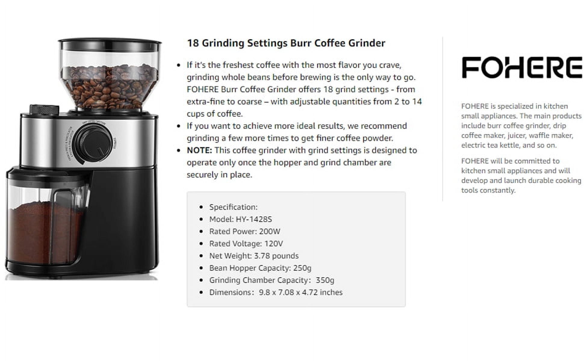 Electric Burr Coffee Grinder, Adjustable Burr Mill Coffee Bean Grinder –  Fohere