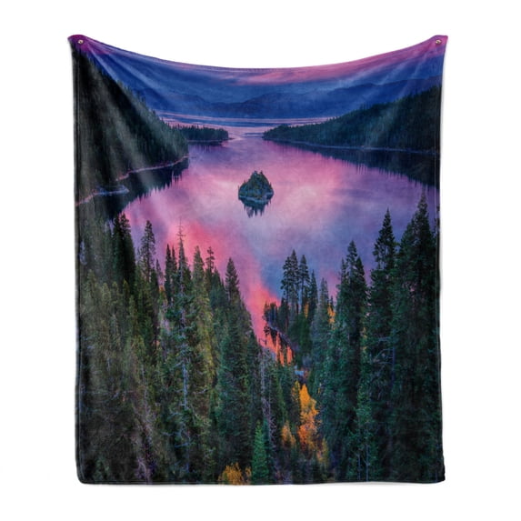 Lake Soft Flannel Fleece Blanket, High Angle Majestic View of North American Freshwater Lake Outdoor Mother Earth Image, Cozy Plush for Indoor and Outdoor Use, 50" x 60", Green Pink, by Ambesonne