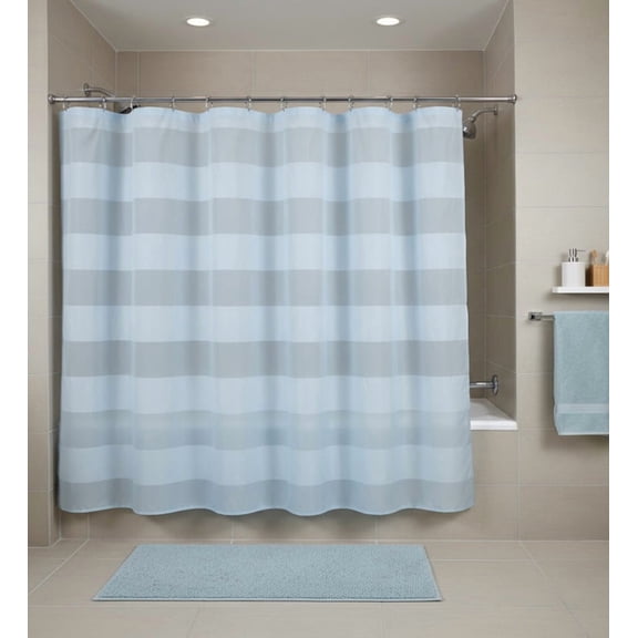 Serafina Home Capricia Aqua Blue Fabric Shower Curtain: Wide Stripe Design, 70" x 72"