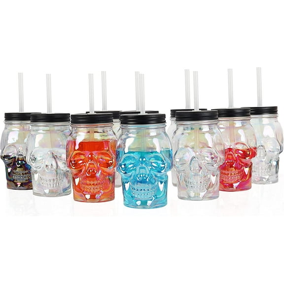Servette Home Skull Mason Jar Glass 20 Ounce Mug with Lid and Straw Set of 10 Iridescent Cups