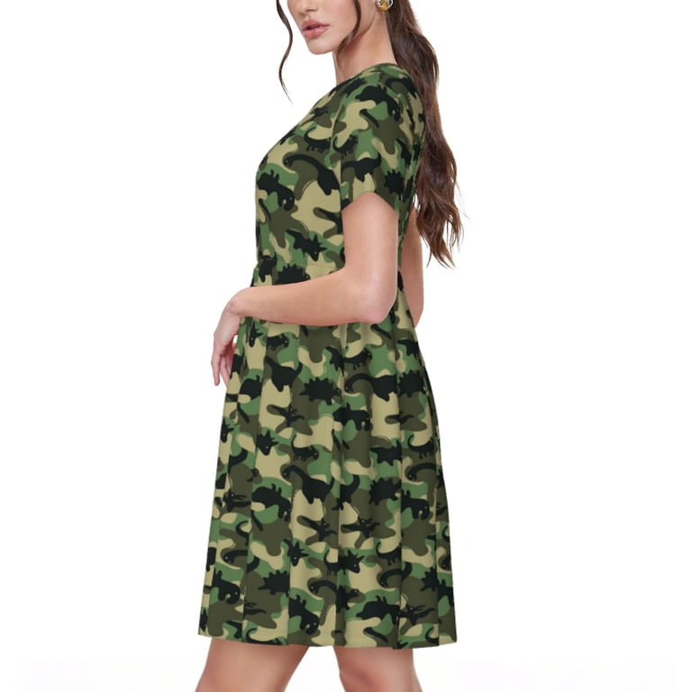 Xecao Camouflage Dinosaur for Women Summer Short Sleeve Midi Dress with Pockets Casual Aline Flowy Tshirt Dress Vocation Beach Sundress