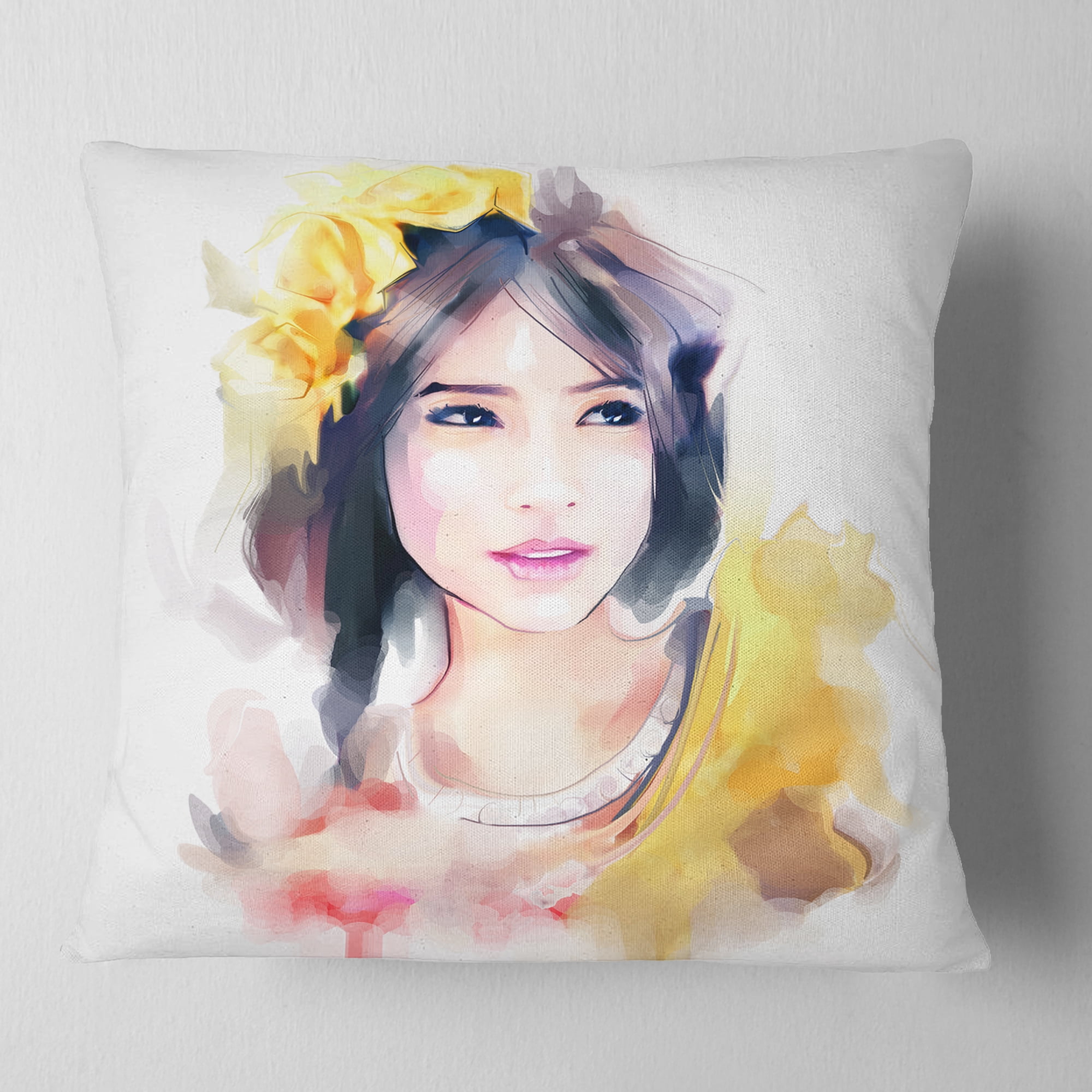 Designart Portrait of Beautiful Girl - Contemporary Throw Pillow - 18x18