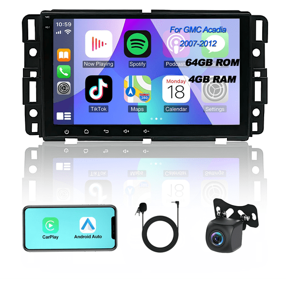 Zcargel 4 64G Car Stereo for GMC Acadia 2007-2012 with Carplay Android Auto 8" Touch Screen Car Radio with GPS Navigation Bluetooth Wifi FM SWC Split Screen Backup Camera
