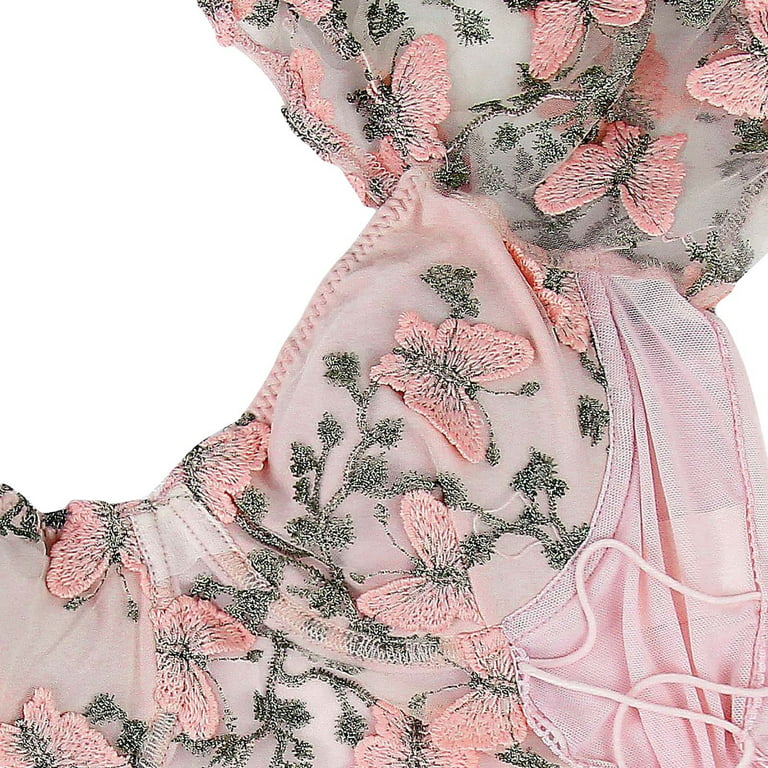 Floral Women Embroidery Mesh Puff Sleeves Top Blouse Pink Mesh Corset Top  Y2K / Pink Top. Brazier Top 