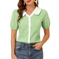thumbnail image 5 of MODA NOVA Junior's Peter Pan Collar Shirt Contrast Color Half Sleeve Button Down Blouse Green S, 5 of 5
