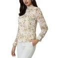 thumbnail image 4 of Unique Bargains Women's Floral Pleated Ruffled Stand Collar Long Sleeve Blouse White S, 4 of 6