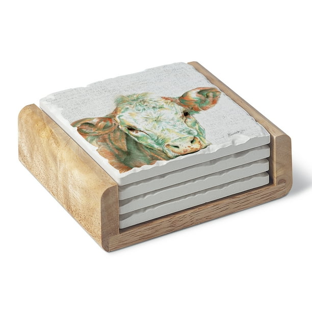 Counterart Around The Farm Cow Single Image Absorbent Stone Coaster Set Of 4 In Wooden Holder Walmart Com Walmart Com