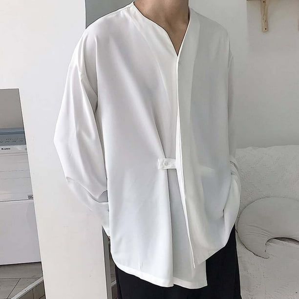Camisas Para Hombre Manga Larga De AlgodoN Camisa irregular suelta informal de otono para hombre Blusa de manga larga sin cuello White 3XL Walmart en linea