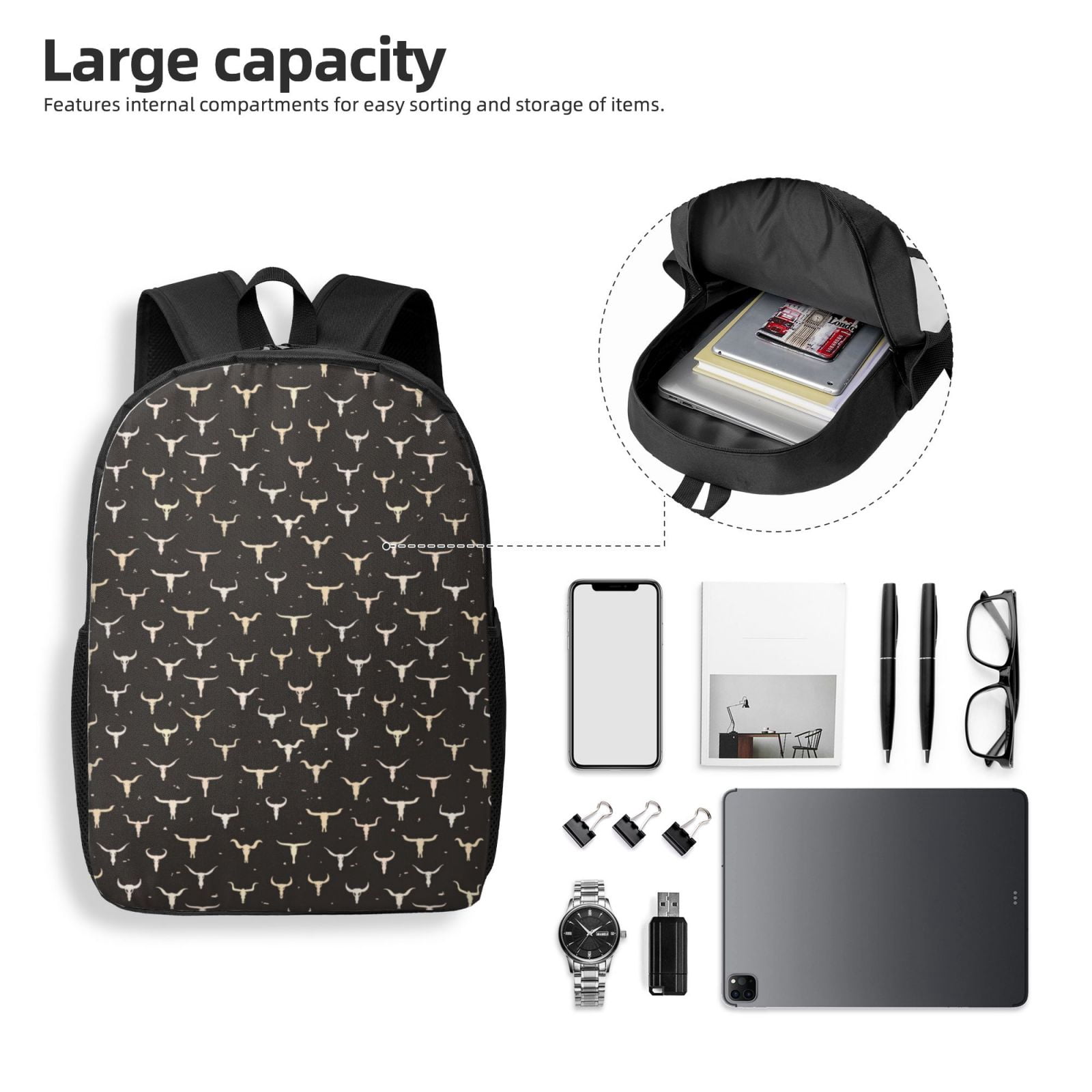 Xecao Cow Skulls print Travel Backpack, Large Computer Backpack for Men Women, College School Rucksack Book Bag