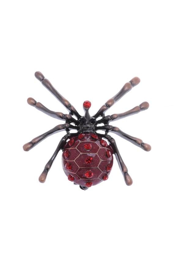Antique Brass Tone Enamel Ruby Red Rhinestone Crystal Spider Vintage Inspired Pin Brooch