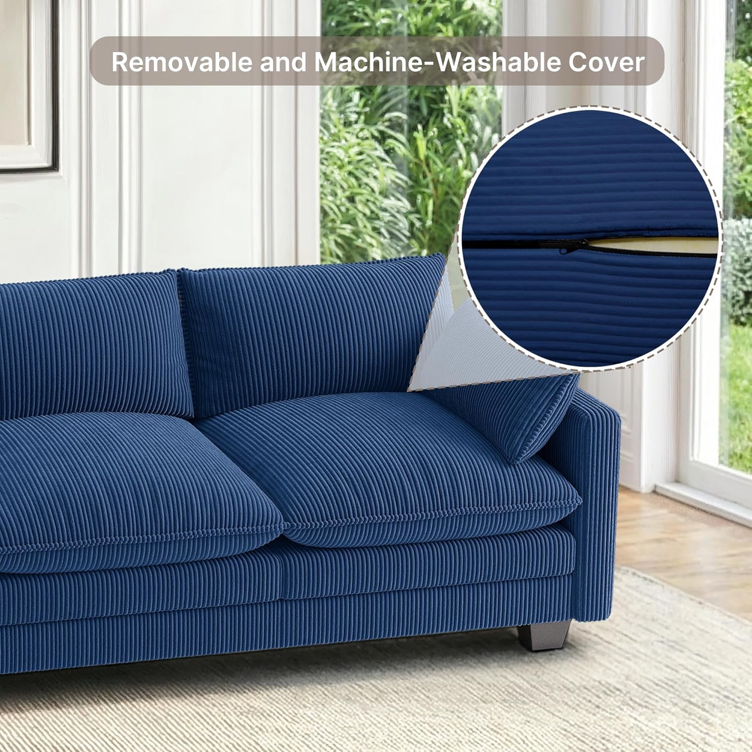 Noelse 110" L Shaped Sofa Couch Modular Sectional Cloud Couch with Movable Ottoman, 3-Seater Comfy Corduroy Deep Seat Sofa with 2 Pillows for Living Room, Bedroom, Blue, Clearance