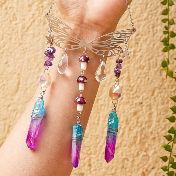 Wire Wrapped Glass Pendant Decorations Hanging Suncatchers with Metal Wing Link and Natural Amethyst Chips for Home Garden Decorations Mushroom Fuchsia 220mm Glass