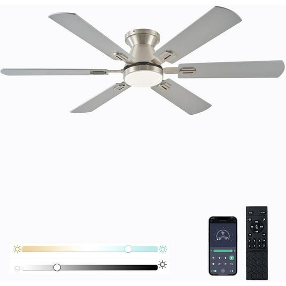 56 inch Ceiling Fans with Lights, Nickel Flush Mount Ceiling fan with Light and Remote/APP Control, 3CCT, Dimmable, Noiseless, Low Profile Ceiling Fan for Bedroom, Patio, Indoor/Outdoor Use