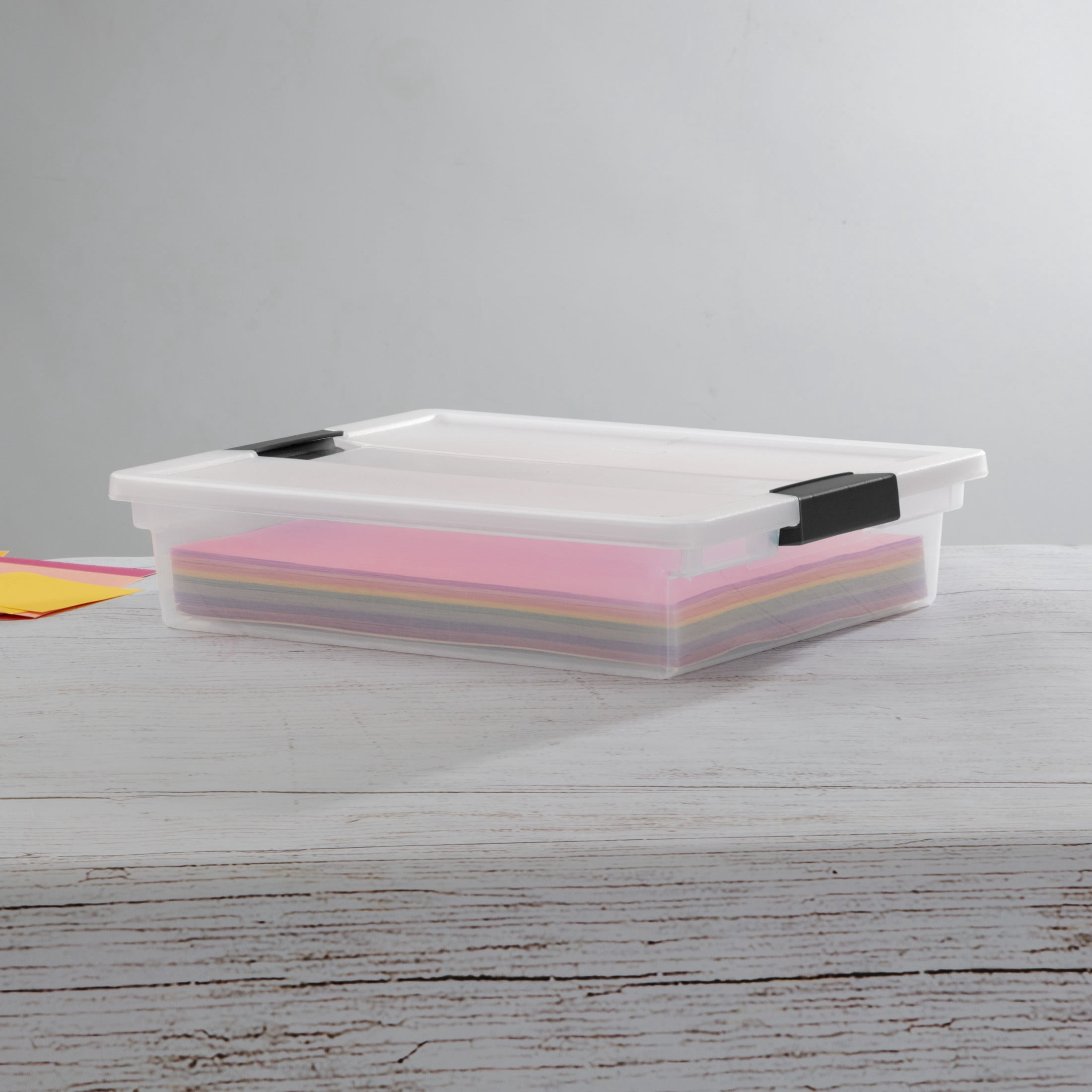 Sterilite Large Clip Box, Clear Plastic Storage Bin with Latching Lid, Fits Letter-Size Paper, Black Latches