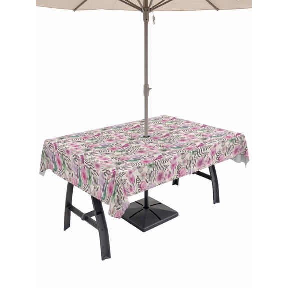 Outdoor Tablecloths with Umbrella Hole & Zipper, Vintage Pink Flower 54x80 Inch Tablecloth Rectangle, Spring Floral Leaves Pastoral Birds Plants Waterproof Table Cloth, Patio/Pool Table Covers