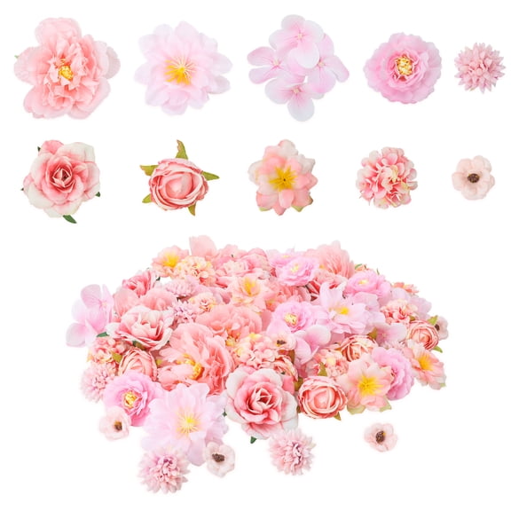 Armscye 60 Pcs Mini Silk Flower Heads, Artificial Small Decorative Flowers, Faux Peony Rose Hydrangea Dahlia and Cherry Blossom for Crafts Cake Wreath Garlands Wedding Decorations
