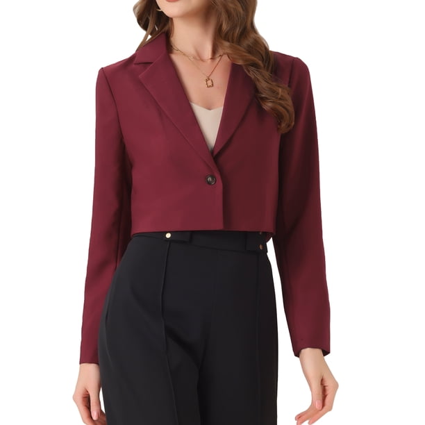 Blazer de mujer Allegra K de manga larga, abierto por delante, con solapa muesca, estilo de negocios, corto, color rojo oscuro, talla S