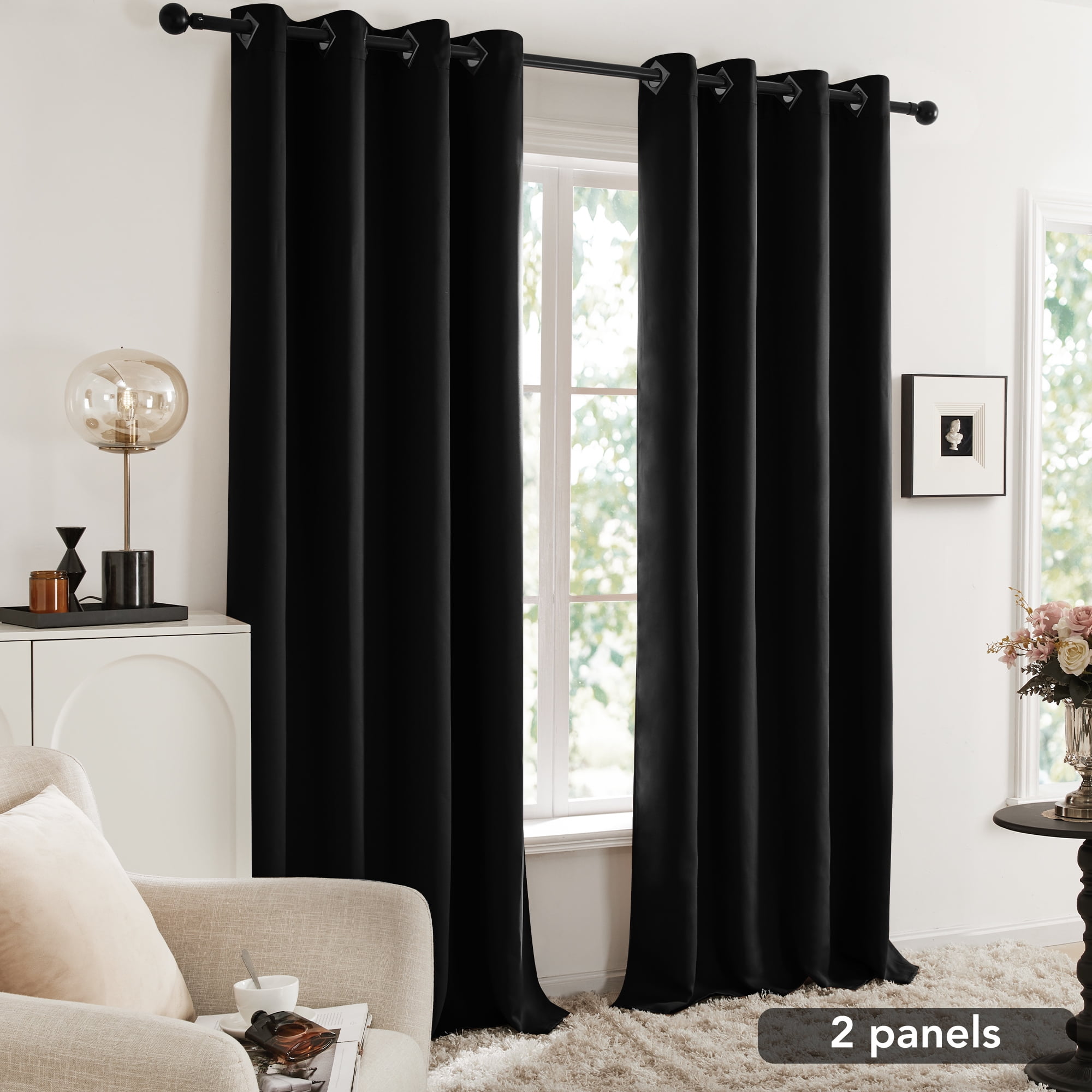 Deconovo Solid Grommet Room Darkening Blackout Curtains for Bedroom, Thermal Insulated, 52" x 63", Black, 2 Panels