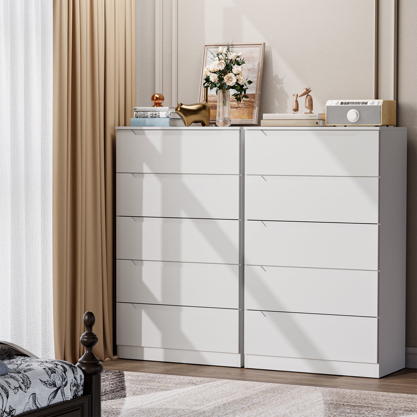 Winkalon Vertical 5 Drawer Dresser, Wood Storage Cabinet with Upgraded Stable Base for Bedroom Living Room, White