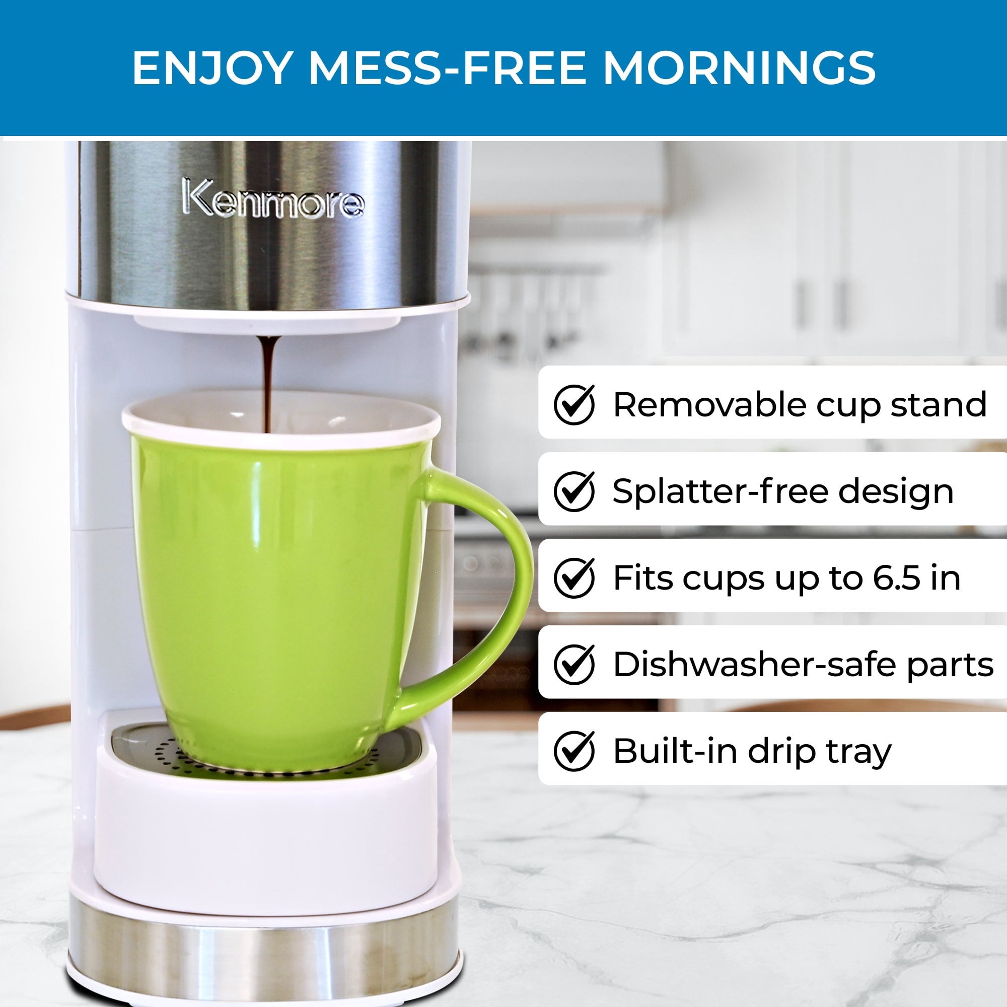 Kenmore Single Serve Coffee Maker with Stainless Steel Travel Mug, White