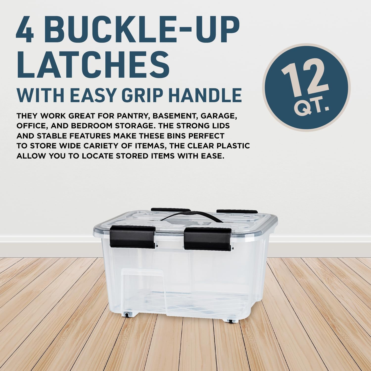 Stackable Storage Boxes - Clear Plastic, Black Seal, Modular Design 12 Quarts