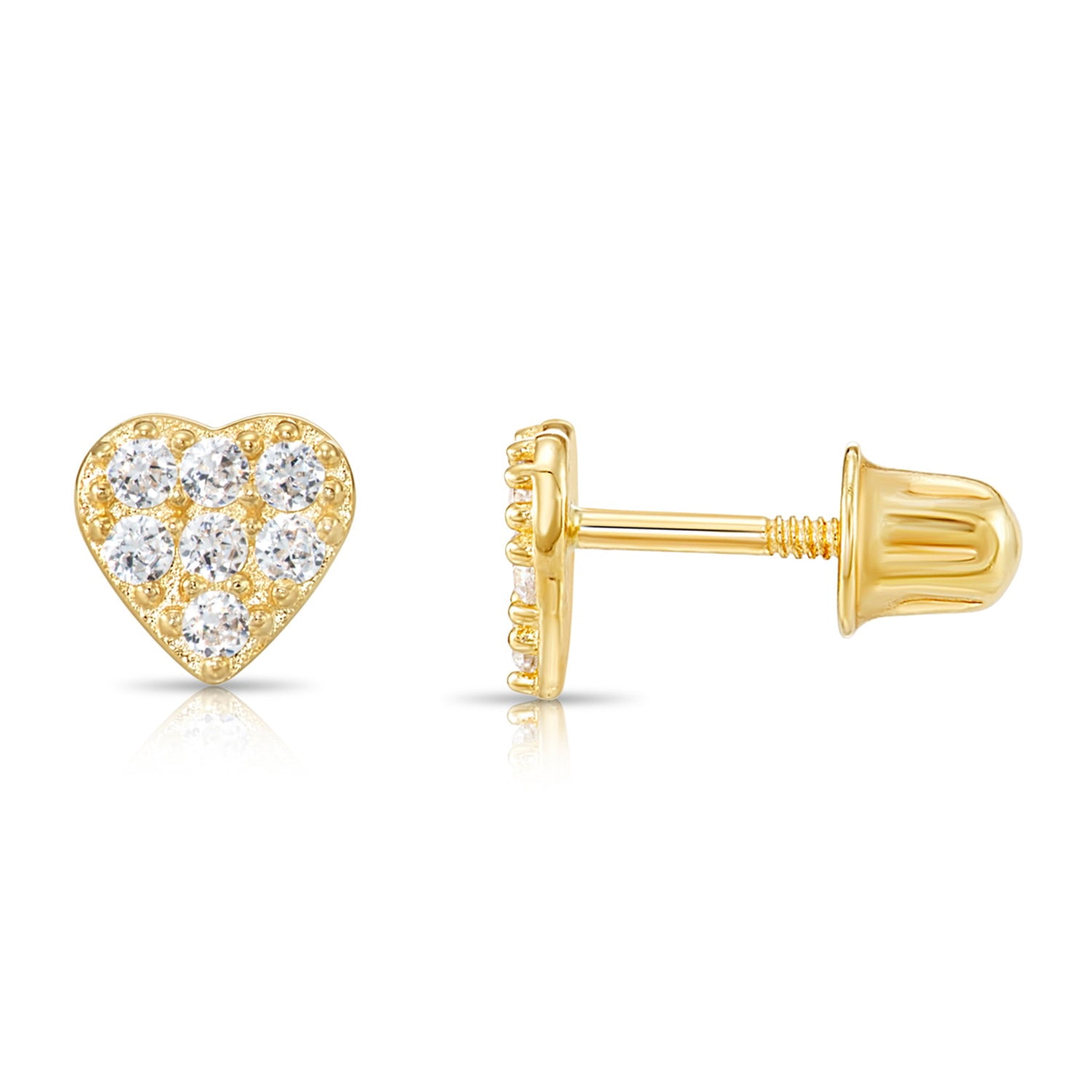Tilo Jewelry 14K Yellow Gold Small Heart CZ Stud Post Earrings with Secure Screw-Backs | Everyday Dainty Small Earrings for Women & Unisex