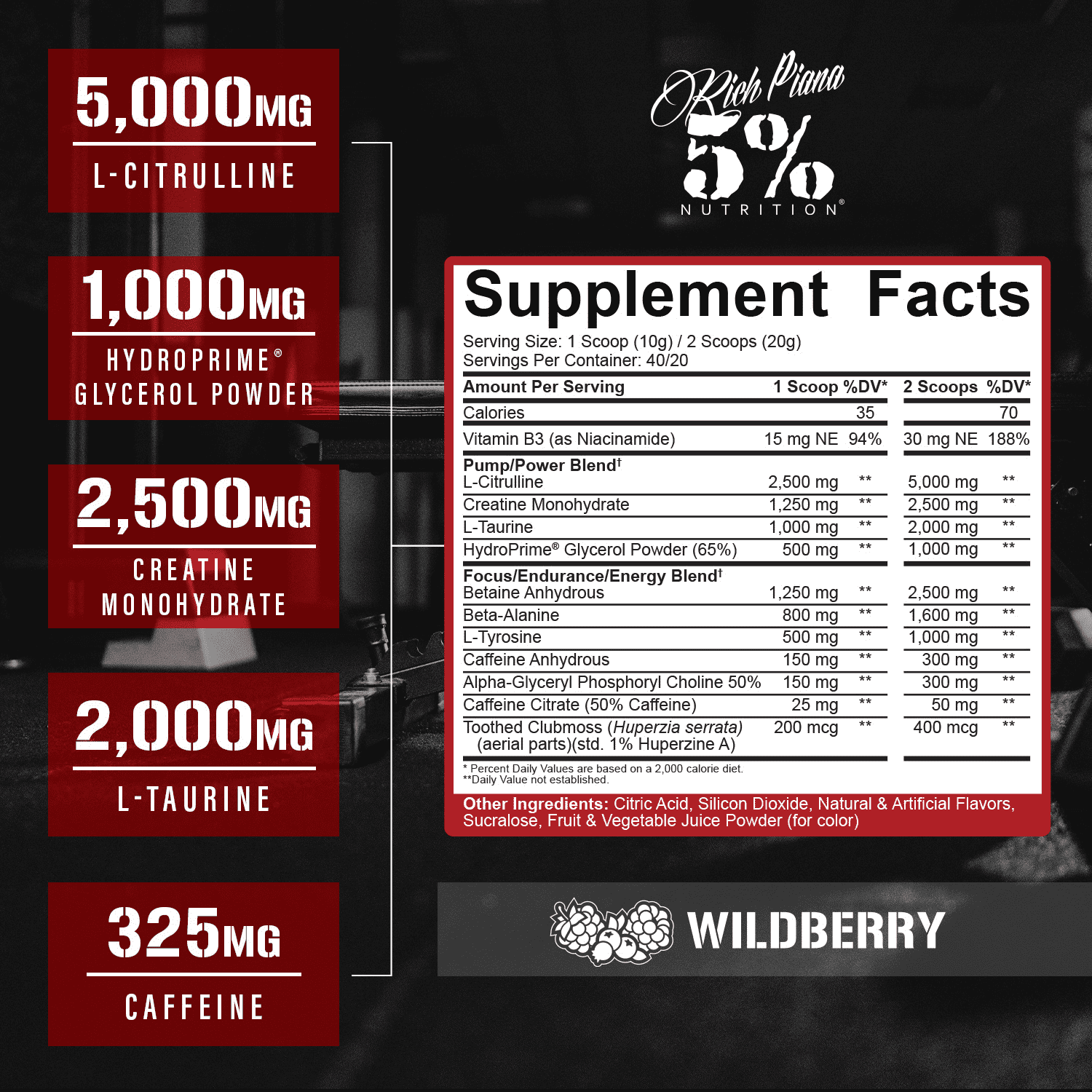 5% Nutrition Rich Piana Kill It Pre-Workout Powder Supplement with Creatine & Caffeine for Pump, 40 Servings (Wildberry)