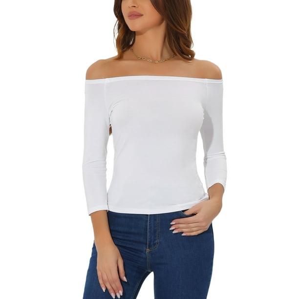 INSPIRAR CHIC Blusas de Fiesta de Mujer con Hombros Descubiertos y Mangas 3/4 S Blancas