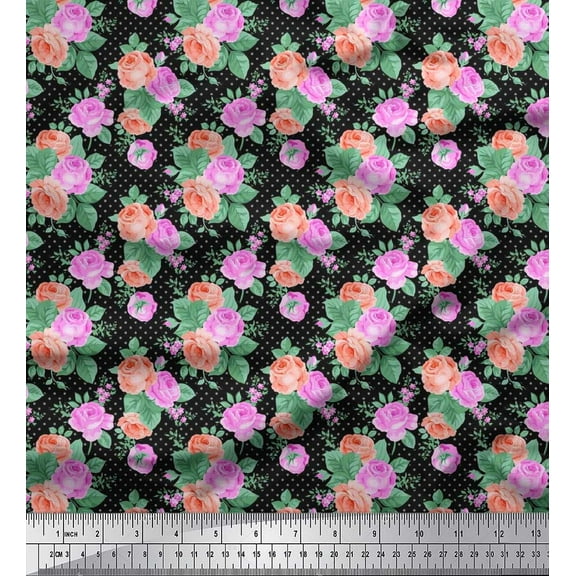 Soimoi Cotton Duck Fabric Dot,Leaves & Rose Floral Printed Craft Fabric by the Yard 42 Inch Wide