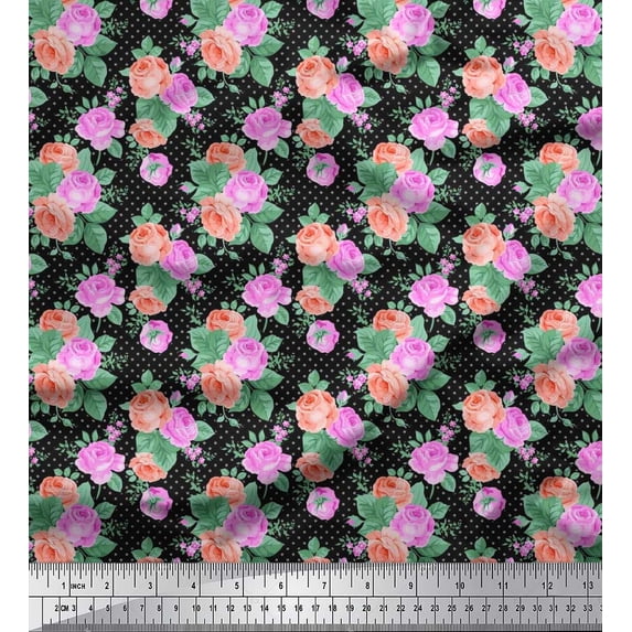 Soimoi Rayon Fabric Dot,Leaves & Rose Floral Fabric Prints By Yard 42 Inch Wide