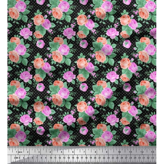 Soimoi Tissu Popeline de Coton à Pois, Feuilles et Roses Imprimé Floral 1 Yard 42 Pouces de Large