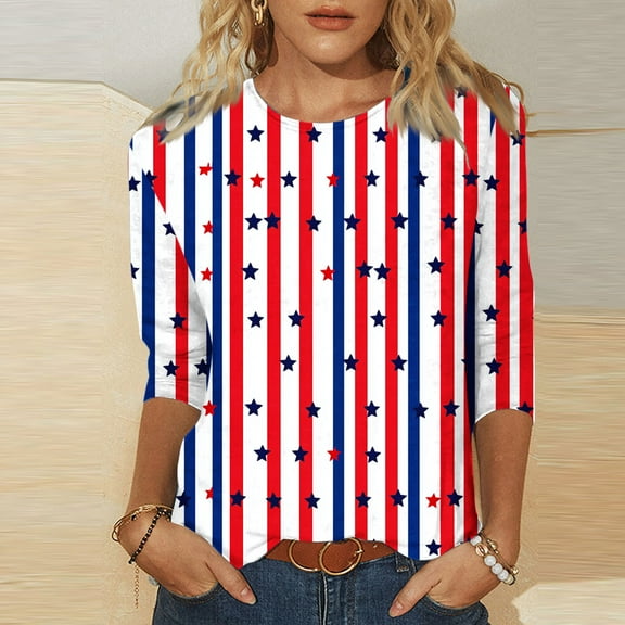 Cavosen Red White and Blue Tops for Women Petite Red White and Blue 3/4 Sleeve Crew Neck Shirts USA Flag Graphic Tops Lady XL Patriotic Casual T Shirts Independence Day Tunic Tees Patriotic Outfits