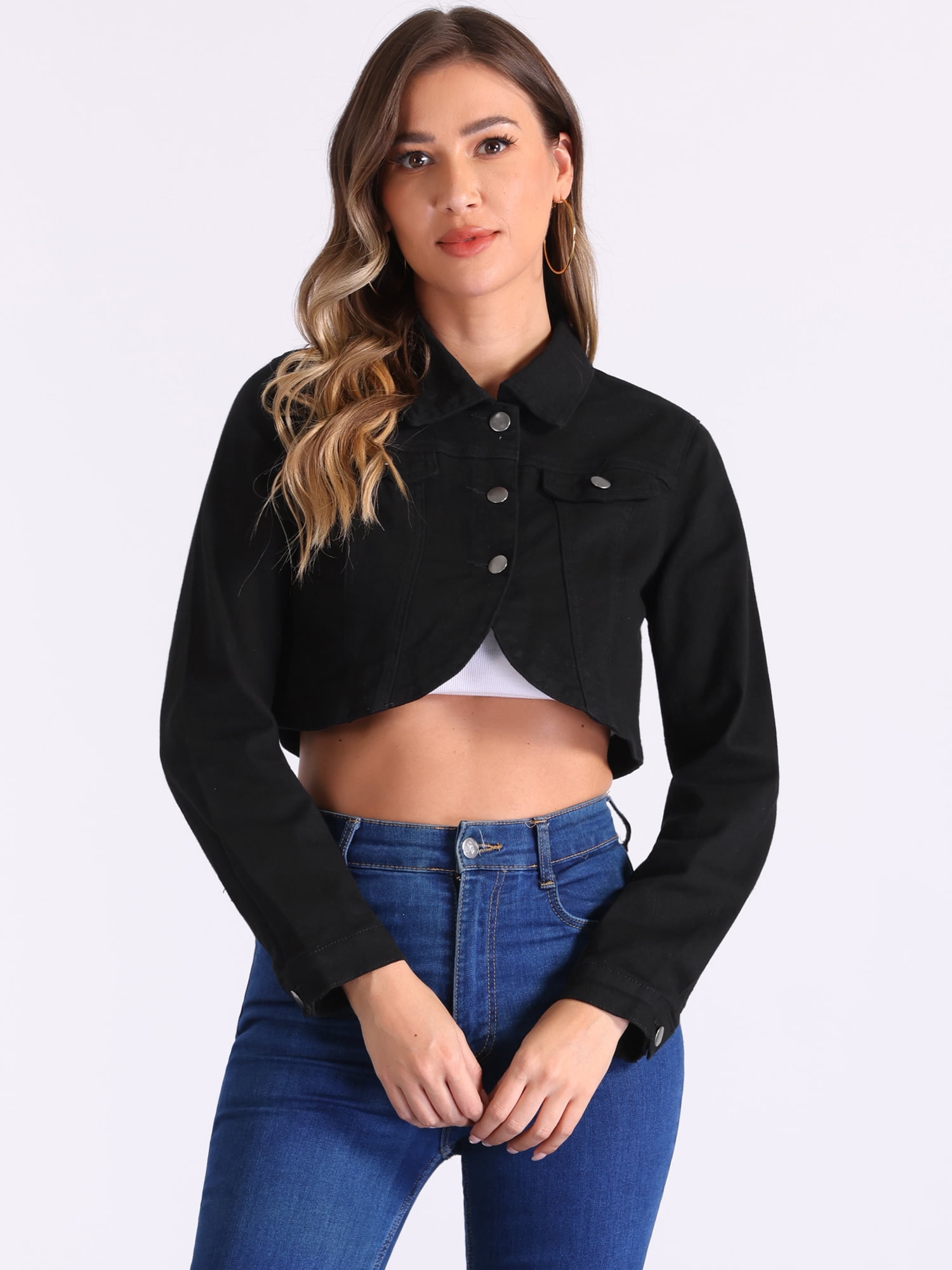 DARING DIVA Women's Denim Jacket Collared Long Sleeve Crop Jean Jackets L Black