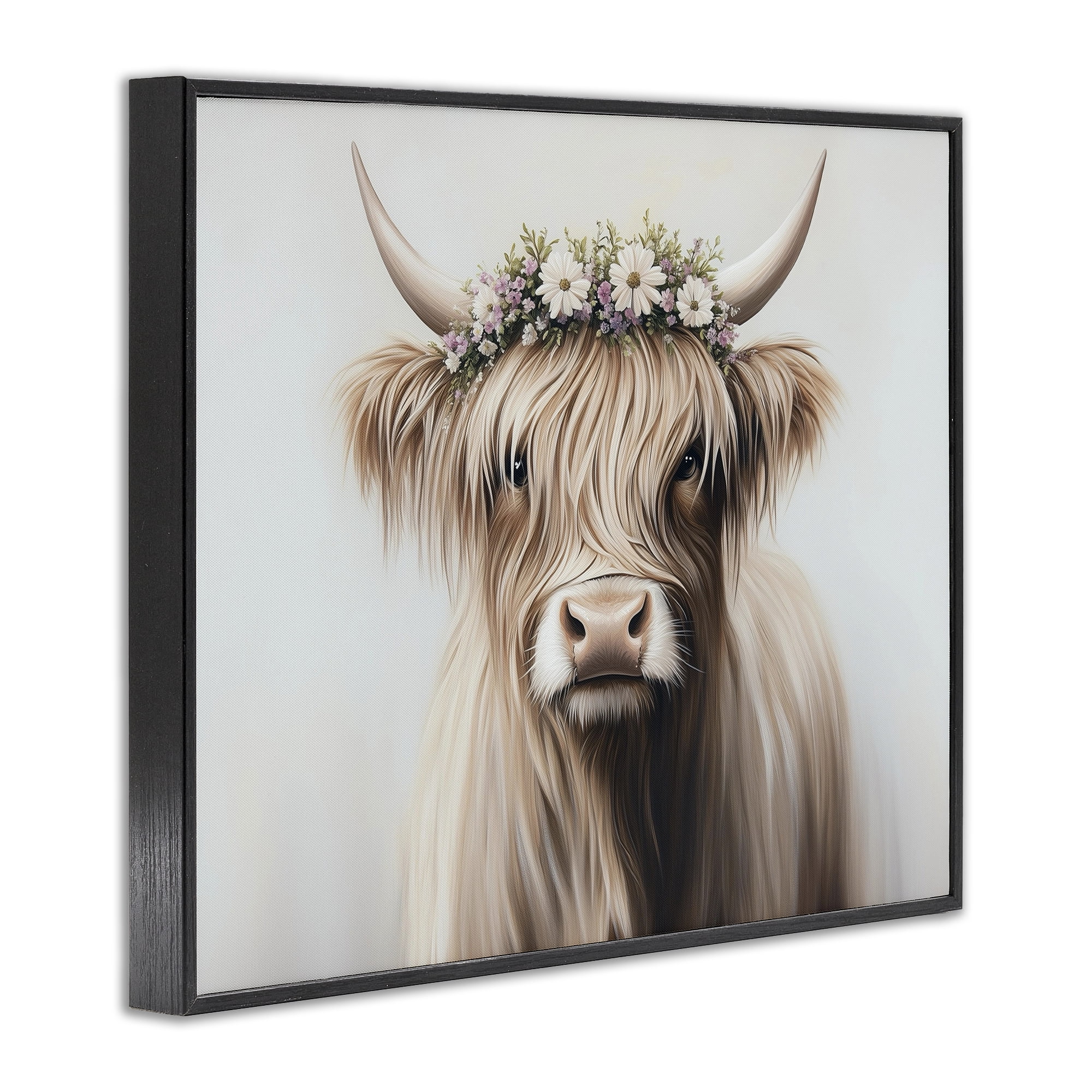 Shaggy Cattle Floral Crown Black Framed Giclee Art, design by Shawna Stewart