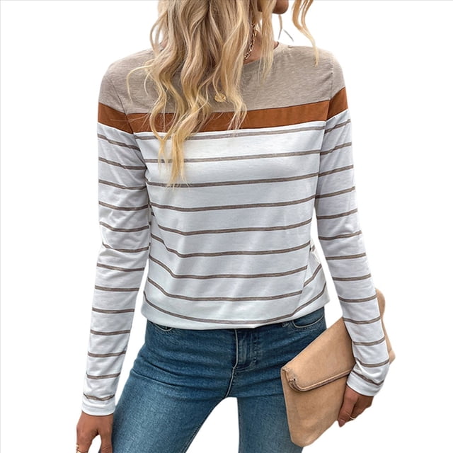 Camiseta de Larga con Cuello Redondo y Estampado de Rayas para Mujer, de Punto Suave con Bloques de Color Caqui S