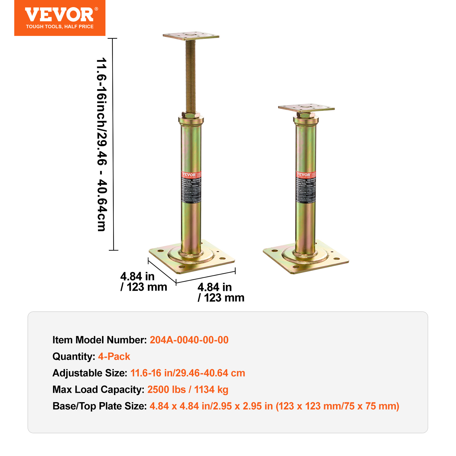 VEVOR House Floor Jacks, 4 Pack, 11.6"-16" Height Range, 2500 lbs Max Load Capacity Per Unit, Adjustable Support Beam Basement Jack Post for Leveling,Galvanized Telescoping Jack for Temporary Support