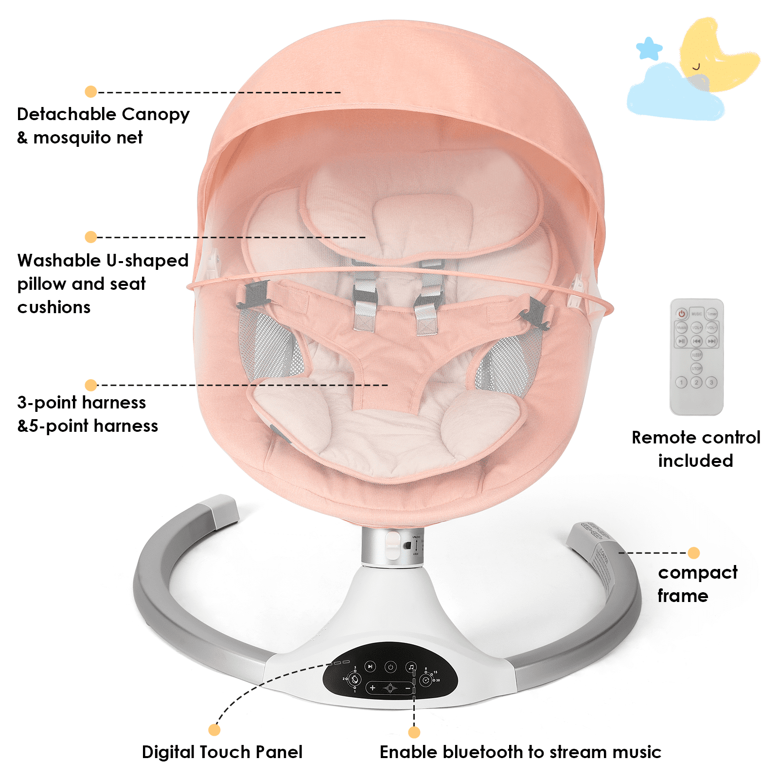 Baby Swing for Infants - Electric Indoor Baby Rocker 3 Speeds and 10 Lullabies, Portable, Touch Screen & Remote Control, Bluetooth, Pink