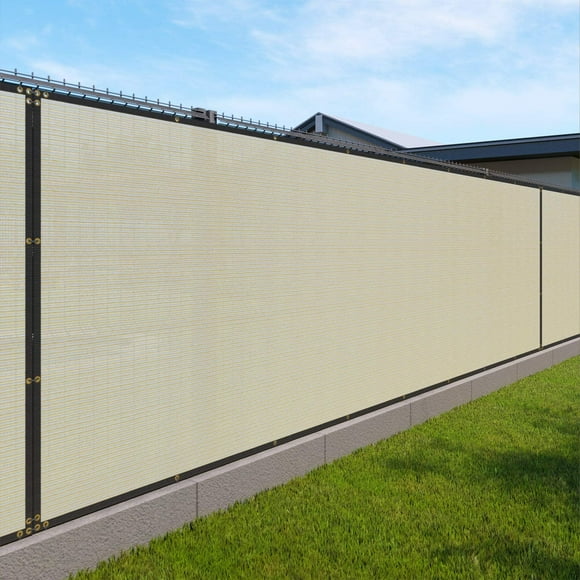 Windscreen4less Heavy Duty Privacy Screen Fence in Color Beige with White Stripes 6' x 50' Brass Grommets 150 GSM - Customized