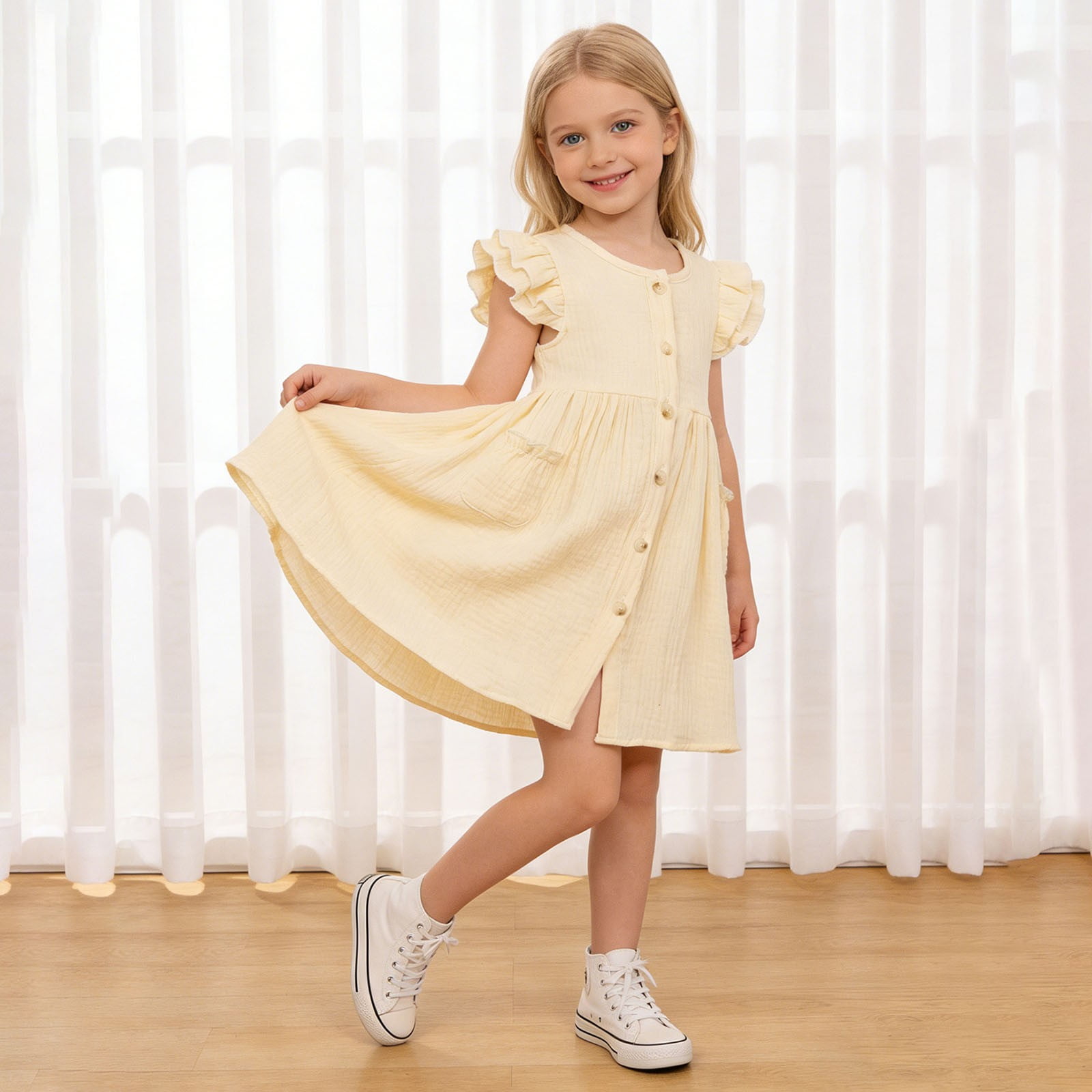 OOOUM Girls Ruffle Flutter Sleeve Dresses Solid Color Smocked A Line Dress Elegant Soft Stretch Comfy Casual Outfits White 6-7 Years