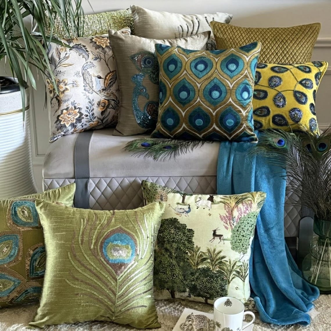 The HomeCentric Pillow Covers, Beige Accent Cover, Pack of 2, 16x16 inch (40x40 cm) Faux Leather & Suede PillowCase, Pillow Cover with Crystals, Abstract & Peacock, Circles & Dots - Green Gems
