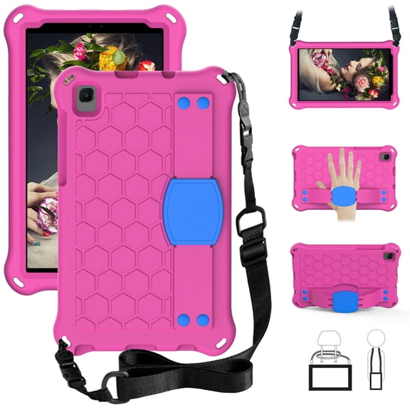 Dteck Case for Samsung Galaxy Tab A7 Lite 8.7 inch 2021 Model SM-T220 T225, Heavy Duty Shockproof Kickstand Case with Removable Shoulder Strap/Flexible Handle Strap,Rose/Blue